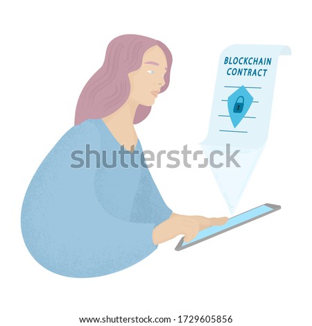 Smart contract concept. Girl with tablet signs contract using blockchain technology. Electronic documents and digital signatures. Conclusion of online transactions. Vector flat illustration.