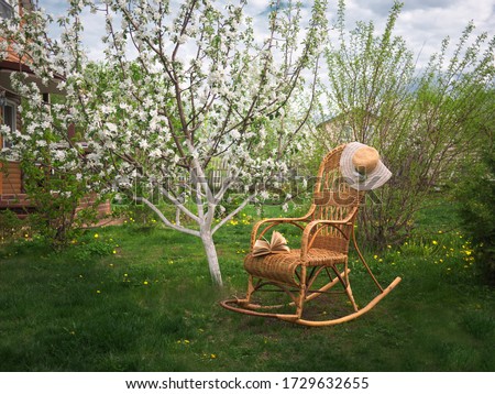 wicker rocking chair with book under the shade of apple tree in the garden. Royalty-Free Stock Photo #1729632655