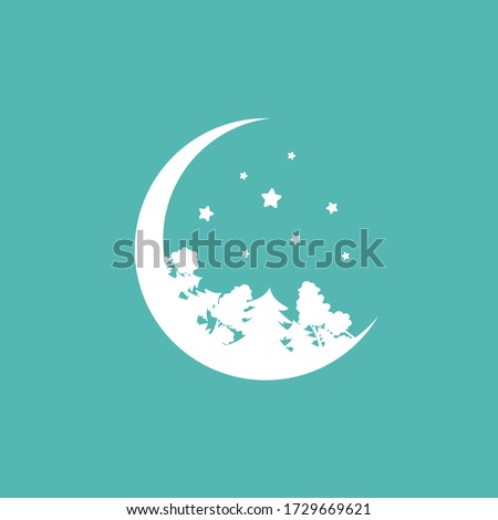 White half moon with stars and forest. Magic, fantasy, legends, nature. Trees and crescent Isolated on powder blue sky. Flat design. Vector illustration. Children reading. Eco logo. 