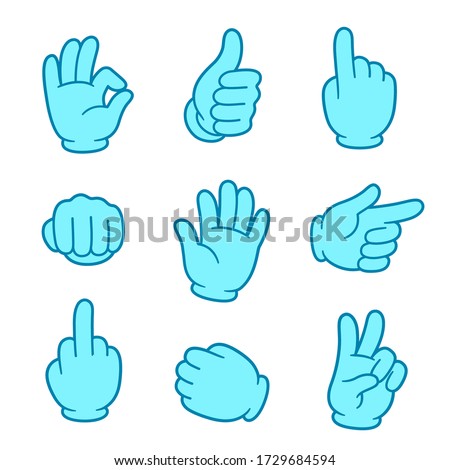 Cartoon hand gesture set in blue medical gloves. Hands waving, pointing, signaling and fists. Vector clip art illustration.
