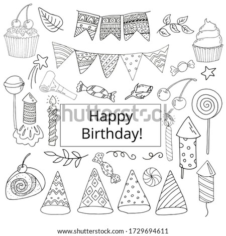 Set for the celebration of Name Day: flags, caps, stars, fireworks, sweets, cake, cupcakes. Happy birthday doodle style concept! Coloring book for a happy holiday.