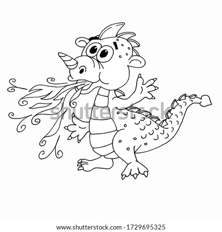 Coloring page for kids with funny cartoon dragon 2. Cute hand drawn fantasy baby dragon drawing contour for coloring. Entertainment for children. Children's arts game.