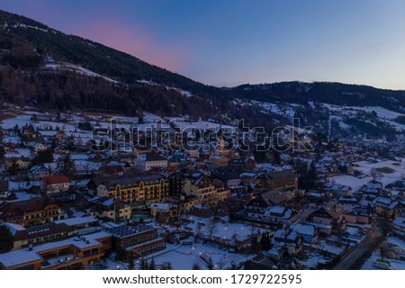 Sankt Michael im Lungau at sunrise, Austria - January 2020. Aerial drone view.