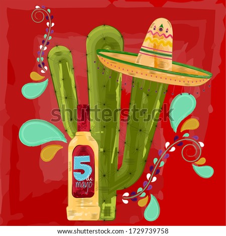 Cinco de mayo poster. Cactus, tequila bottle and traditional mexican hat - Vector