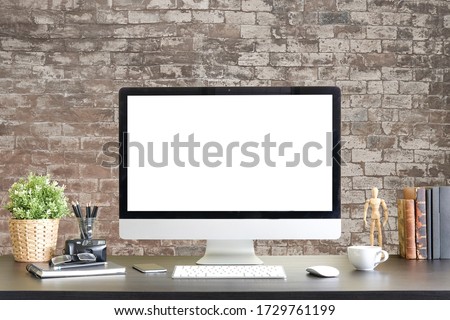 Workspace desk and laptop. copy space and blank screen. Business image, Blank screen laptop and supplies. Royalty-Free Stock Photo #1729761199