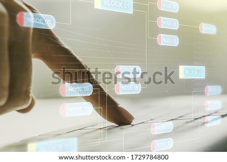 Abstract creative coding concept with hands typing on laptop on background. Multiexposure