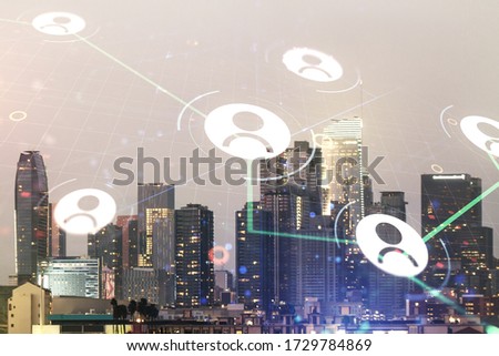 Abstract virtual social network hologram on Los Angeles cityscape background. Double exposure