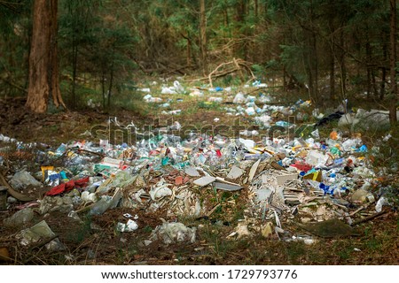 There is a lot of garbage in the forest. The concept of human pollution of forests and nature. A terrible dump in the woods. Royalty-Free Stock Photo #1729793776