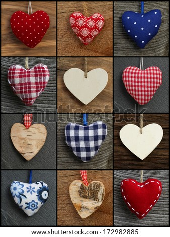 Set Collage Valentine's Love hearts in colorful fabric, plywood and birch on rustic backgrounds, black frame