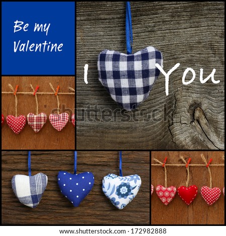 Set Collage Valentine's Love message with colorful fabric and plywood hearts on rustic backgrounds, black frame