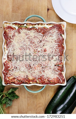 Delicious zucchini lasagna with fresh herbs and zucchini. 
