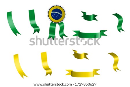 label, set of green and yellow ribbons with tag, in colors of brazil flag. Isolated vector on white background