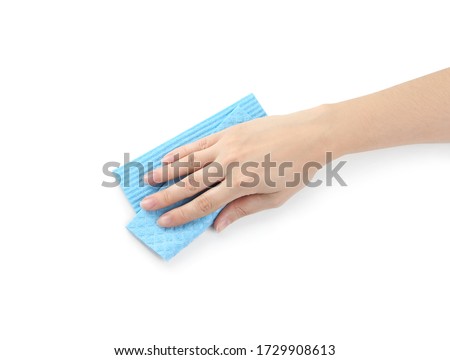 Woman with rag on white background, closeup of hand Royalty-Free Stock Photo #1729908613