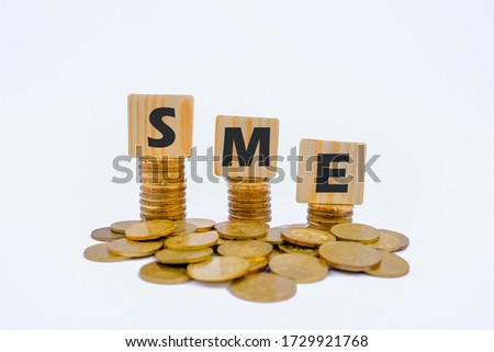 SME (Small and Medsize Enterprises), business/finance concept.Word SME written on wooden cubes.Full gold coins in chrome silver bucket on white background.