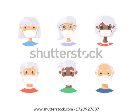 Set of elderly male and female characters. Cartoon masked people. Isolated retiree avatars. Flat illustration protected old men and women faces. Hand drawn vector drawing safe granny portraits