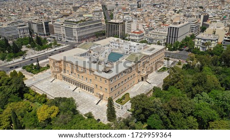 Aerial drone photo of Hellenic Parliament building in Syntagma square, Athens Attica, Greece