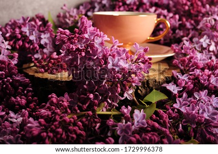 Purple lilac flowers partly covering pink vintage mocha coffee cup. Horizontal photo with slightly blurry background.