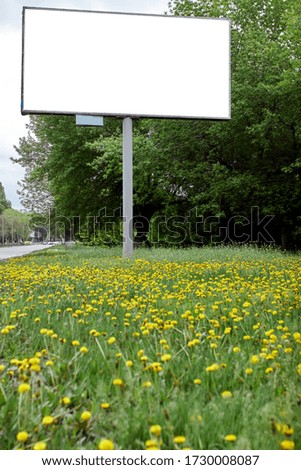 Banner on a city street. Billboard on a background of green grass and yellow dandelions