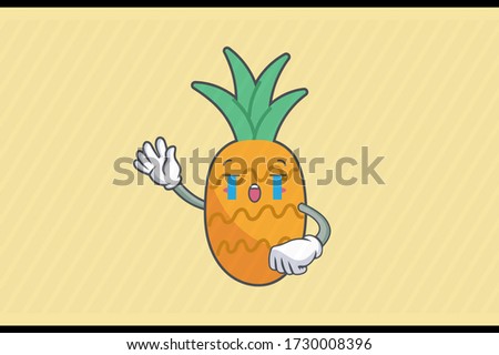 CRYING, SAD, SOB, CRY Face Emotion. Waving Hand Gesture. Pineapple Fruit Cartoon Drawn Mascot Illustration.