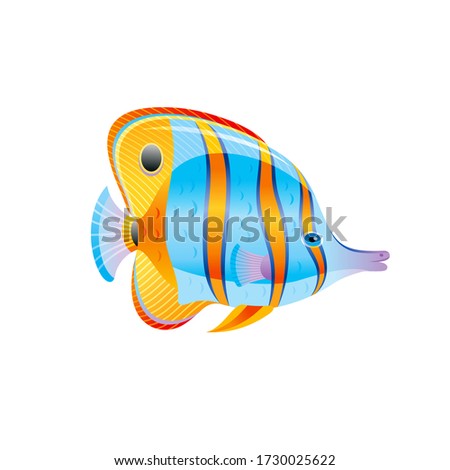 Tropical Fish, vector Angel Butterfly fish. Exotic Coral Reef animal, aquarium or sea blue Angelfish with yellow stripe. 3d cartoon ocean life icon. Isolated white background. Underwater illustration