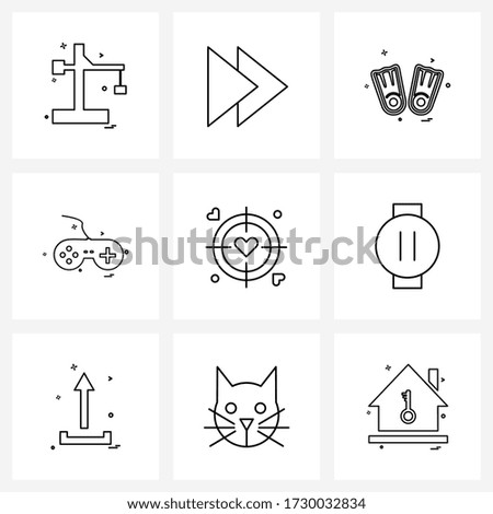 Mobile UI Line Icon Set of 9 Modern Pictograms of love; target; lemon; game; game console Vector Illustration