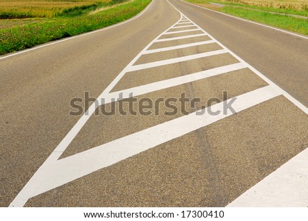 White painted stripes on road as traffic signs in rural landscape