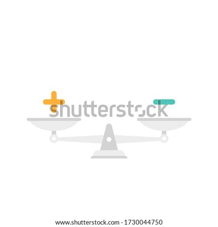 White mechanical scales with plus and minus in pans.  value, solution and rationality balance. pros and cons scale. Vector illustration on white background. 