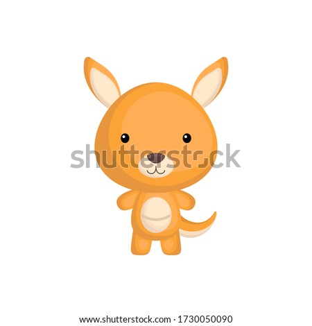 Cute funny baby kangaroo isolated on white background. Wild australian adorable animal character for design of album, scrapbook, card and invitation. Flat cartoon colorful vector illustration.