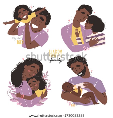 set clip art of a happy smiling african american families isolated on white background. Happy childhood concept.