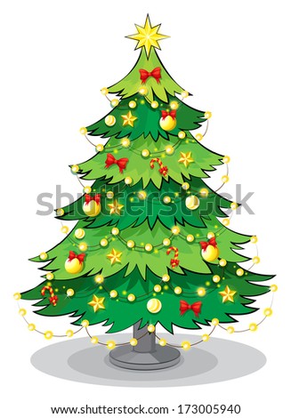 Illustration of a green christmas tree with sparkling lights on a white background
