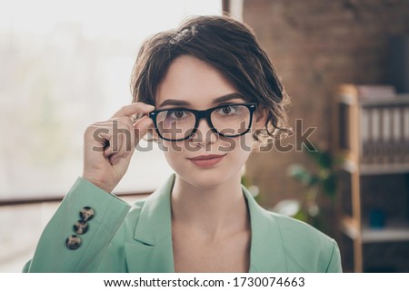 Closeup photo of beautiful business lady arm on eyesight specs self-confident person chief insurance agent home remote distance work wear blazer stand modern interior home office indoors