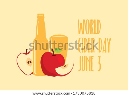 World Cider Day illustration. Apple juice icon. Apple cider illustration. Apples with bottle and glass icon. Fermented fruit drink icon. Cider Day Poster, June 3. Important day