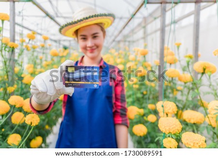 Happy asian woman standing and holding credit card in yellow marigold garden. Business owner and entrepreneur startup concept of female farmer in organic greenhouse.
