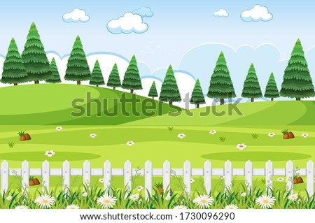 Background scene with green grass and fences in the park illustration