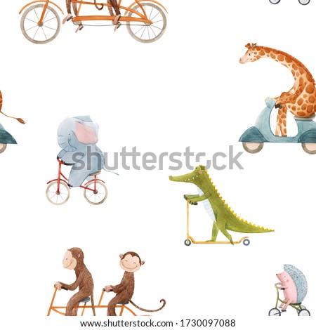 Beautiful seamless pattern for children with watercolor hand drawn cute animals on transport. Stock illustration.