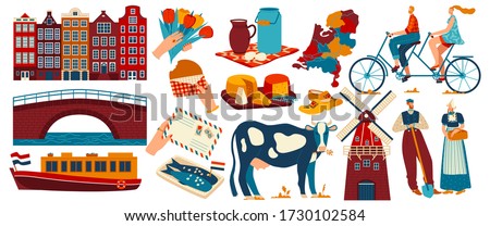 Holland netherlands tourism travel icon set with amsterdam architecture building, attractions,famous tourists landmarks vector illustration. Hollander people, windmill, holland map and dutch food. Royalty-Free Stock Photo #1730102584
