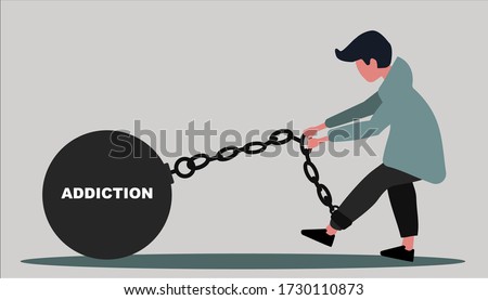 Millennial guy wearing ball and chain with word ADDICTION against grey background, vector illustration in flat style. Panorama Royalty-Free Stock Photo #1730110873