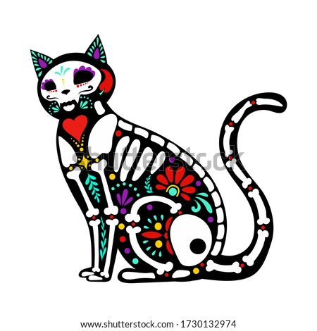 Calavera cat isolated on white for Mexican Day of the dead (Di­a de Muertos)