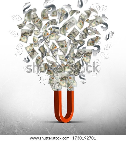 Red horseshoe magnet attracting dollar banknotes and signs on grey background