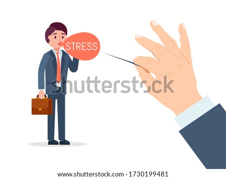 Businessman character under stress, hand hold spine poke balloon isolated on white, flat vector illustration. Office worker stand with briefcase, company distress hard work case, activity enterprise.