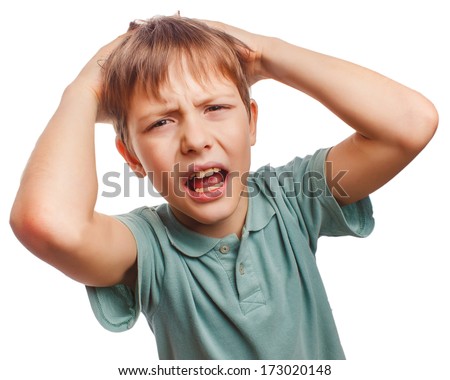 child upset angry boy shout produces evil face portrait isolated large