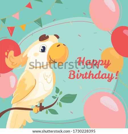 Happy birthday greeting card with yellow cockatoo. Vector postcard in cartoon style with a cute parrot and a festive inscription. The bird, balls and confetti on a green background.