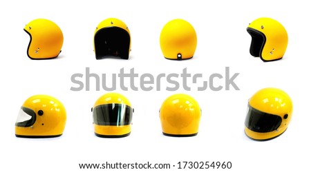 Yellow motorcycle Full helmet and Open face helmet on a white background, side back front Royalty-Free Stock Photo #1730254960