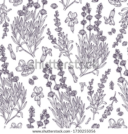 Hand drawn lavander pattern. Sketch background in vintage style. For textiles, advertising, packaging, cosmetics, aromatherapy, medicine. Royalty-Free Stock Photo #1730255056