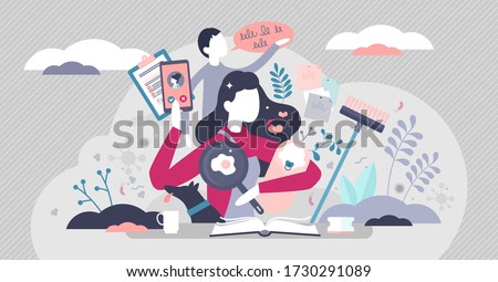 Busy mom vector illustration. Mother routine house works flat tiny persons concept. Multitasking chaos with cooking, kids learning, home cleaning and efficient time management. Task overload scene. Royalty-Free Stock Photo #1730291089