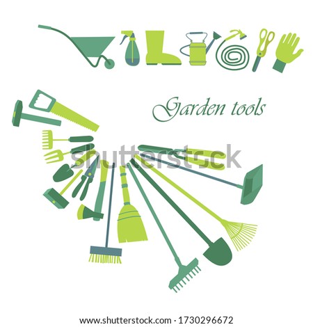 Garden tools. agriculture and farming. Vector shovel, rake and spade,  water sprayer. vector flat illustration