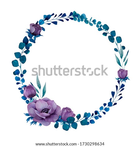 Set of watercolor anemones, branches and greenery. Design elements for patterns, wreaths, and compositions, greeting cards, wedding invitations.