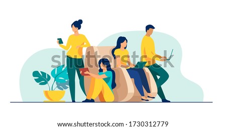 Digital device users spending time together. Group of men and women using laptop computers, tablet, smartphone. Vector illustration for web browsing, internet surfing, public access concept Royalty-Free Stock Photo #1730312779