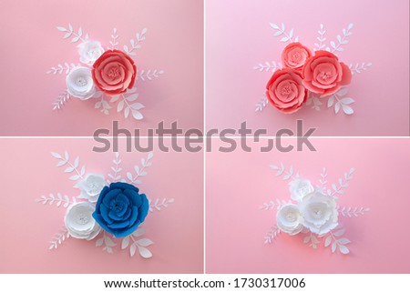 Handmade paper art and cut white flowers on pink background. White, pink and blue colors. Set. 