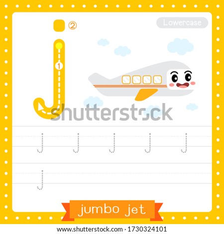 Letter J lowercase cute children colorful transportations ABC alphabet tracing practice worksheet of Jumbo Jet for kids learning English vocabulary and handwriting Vector Illustration.